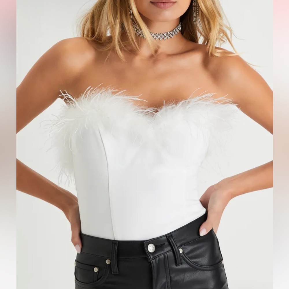 Lulu's White Feather Trim Bodysuit